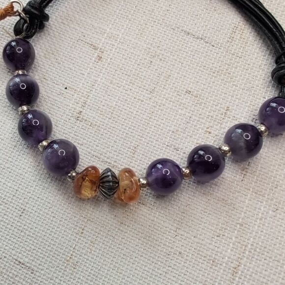 NWT Peyote Bird Santa Fe Amethyst Sterling Silver Amber Beaded Leather Bracelet - Picture 4 of 8